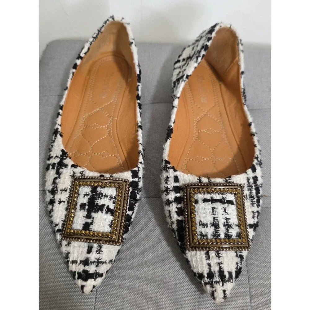 Comfy Meeshine Tweed Houndstooth Plaid Tory PointyToeFlats Shoe Sz 41/us10 EuC